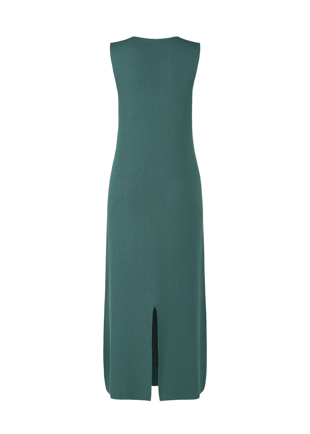 The FLAT RIB KNIT 1 dress by 132 5. ISSEY MIYAKE is a sleeveless green seamless rib knit style, shown from the back, with a straight cut, moisture-wicking fabric, and a center slit at the bottom hem. view 4 of 10