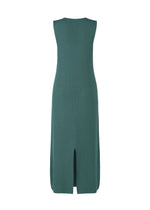 The FLAT RIB KNIT 1 dress by 132 5. ISSEY MIYAKE is a sleeveless green seamless rib knit style, shown from the back, with a straight cut, moisture-wicking fabric, and a center slit at the bottom hem.