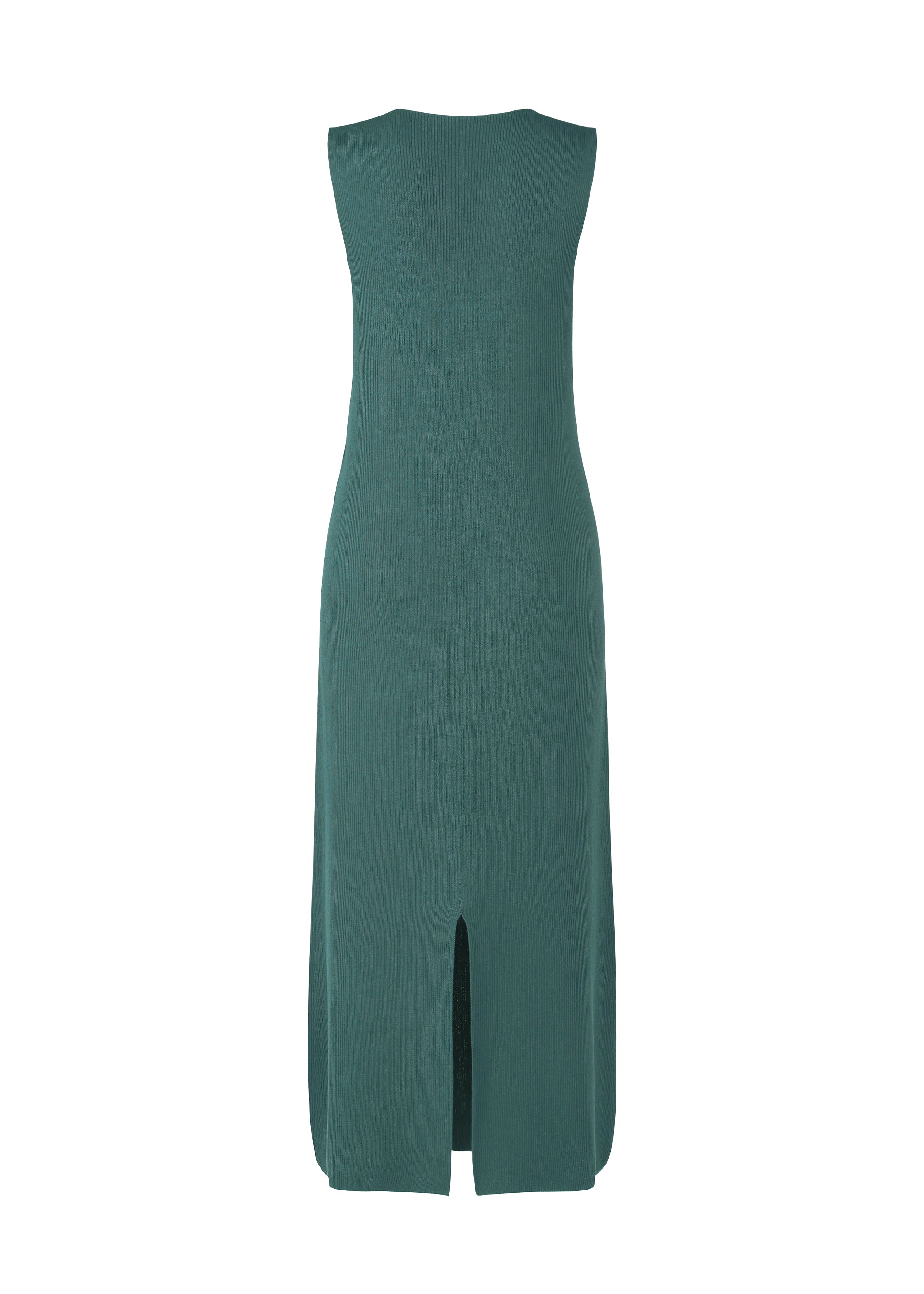 Zoomed view The FLAT RIB KNIT 1 dress by 132 5. ISSEY MIYAKE is a sleeveless green seamless rib knit style, shown from the back, with a straight cut, moisture-wicking fabric, and a center slit at the bottom hem.