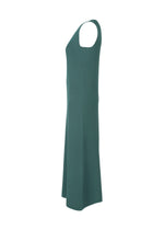 The FLAT RIB KNIT 1 dress by 132 5. ISSEY MIYAKE is a sleeveless, teal ankle-length seamless rib knit with a straight cut and round neckline, shown from the side on a white background with no visible embellishments.
