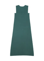 The FLAT RIB KNIT 1 by 132 5. ISSEY MIYAKE is a sleeveless teal seamless rib knit dress with a V-neckline, made from textured, moisture-wicking fabric and shown laid flat on a white background.