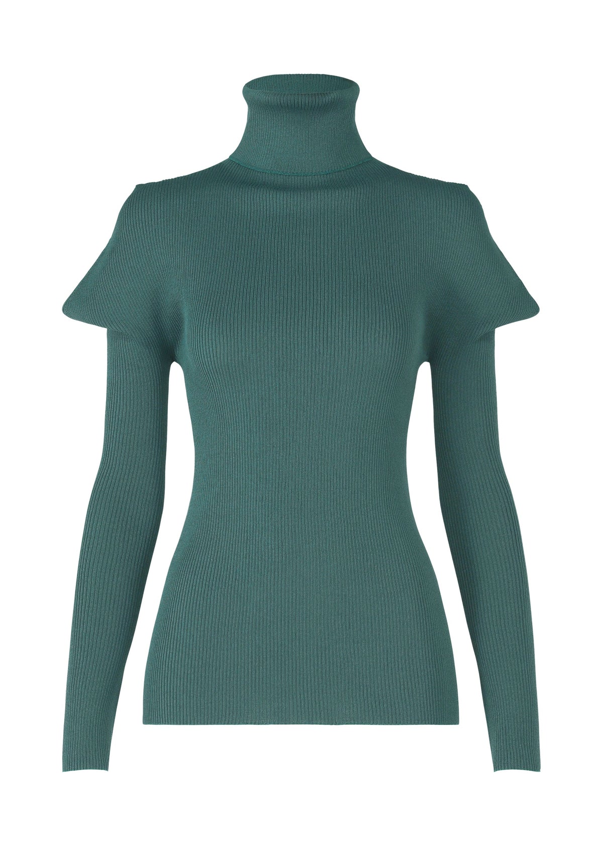 The 132 5. ISSEY MIYAKE FLAT RIB KNIT 1 is a fitted teal long-sleeve seamless rib knit turtleneck sweater with shoulder accents, shown against a plain white background. view 3 of 10
