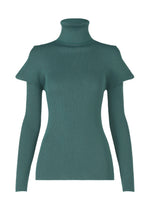 The 132 5. ISSEY MIYAKE FLAT RIB KNIT 1 is a fitted teal long-sleeve seamless rib knit turtleneck sweater with shoulder accents, shown against a plain white background. - DEEP GREEN （no.63）