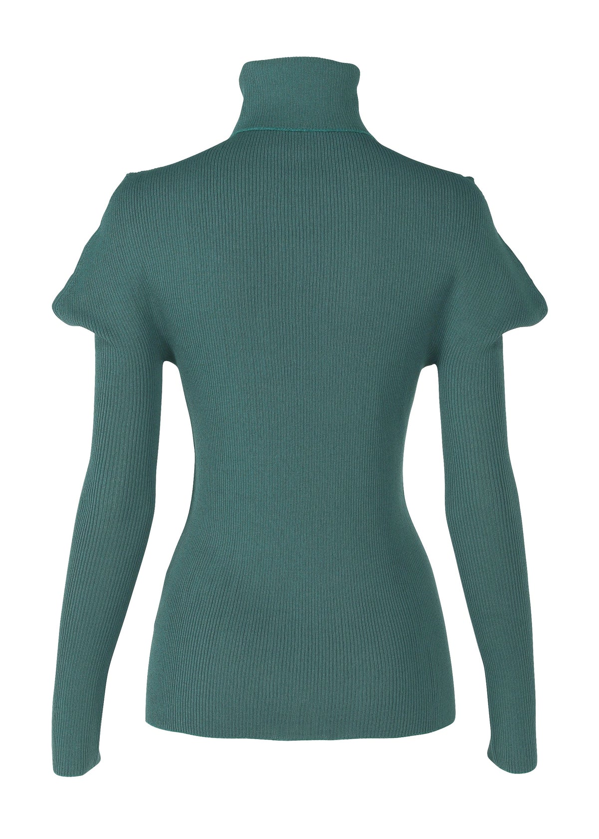 The FLAT RIB KNIT 1 by 132 5. ISSEY MIYAKE is shown from the back in teal, featuring long sleeves, a seamless rib knit design, a fitted silhouette, and subtle puffed shoulders. view 4 of 10