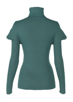 The FLAT RIB KNIT 1 by 132 5. ISSEY MIYAKE is shown from the back in teal, featuring long sleeves, a seamless rib knit design, a fitted silhouette, and subtle puffed shoulders.