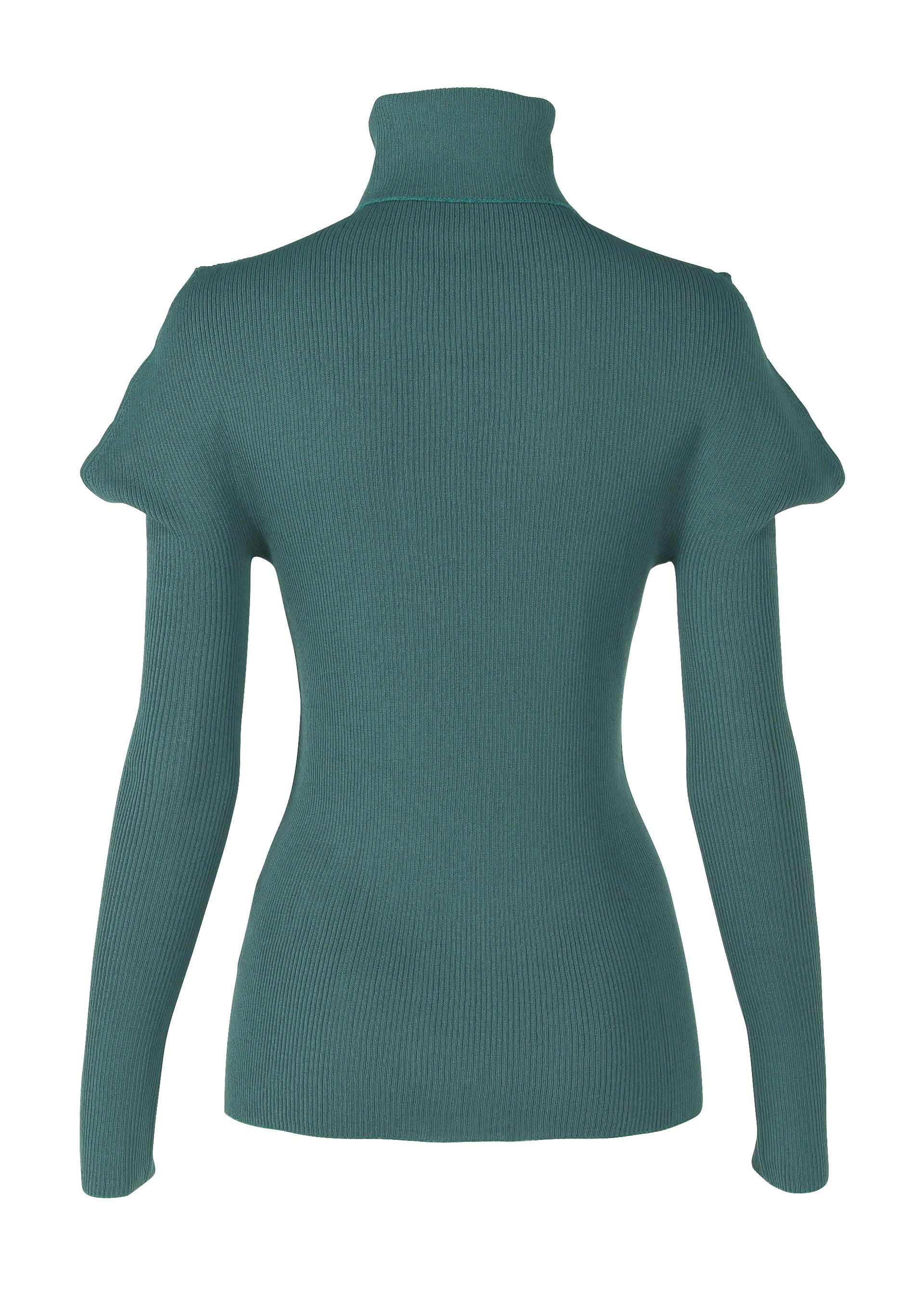 Zoomed view The FLAT RIB KNIT 1 by 132 5. ISSEY MIYAKE is shown from the back in teal, featuring long sleeves, a seamless rib knit design, a fitted silhouette, and subtle puffed shoulders.