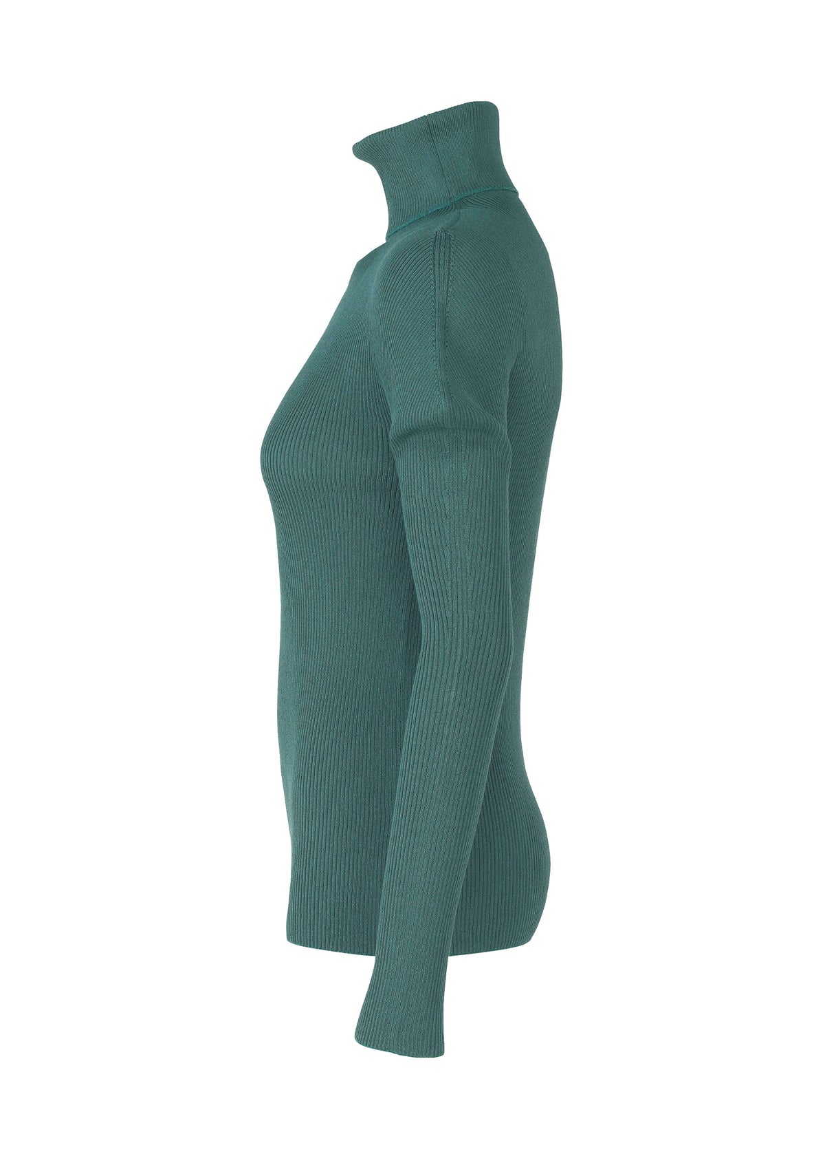 The FLAT RIB KNIT 1 by 132 5. ISSEY MIYAKE is a teal seamless rib knit turtleneck sweater with long sleeves, a fitted silhouette, and high neck, shown from the side against a white background. view 5 of 10