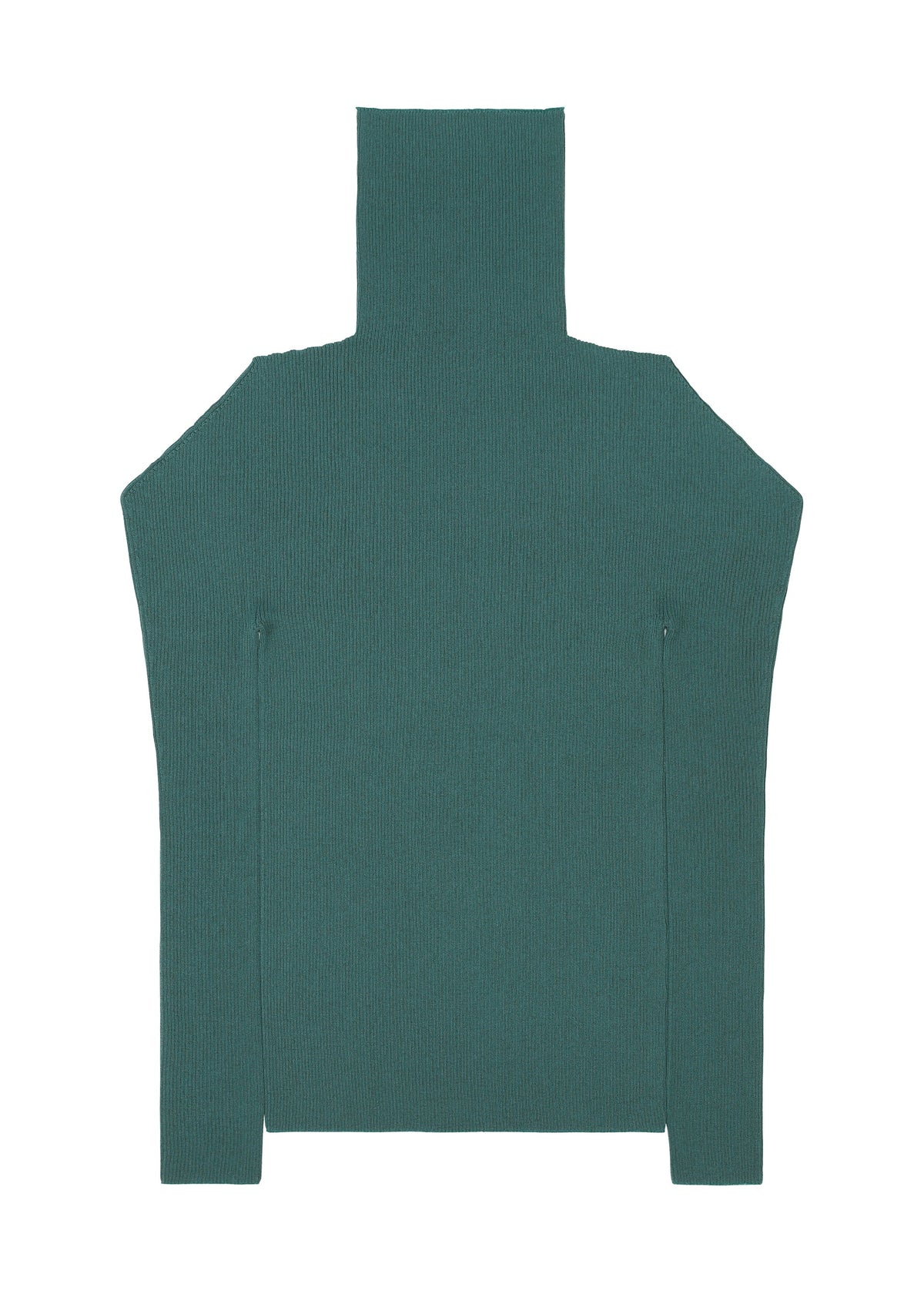 The FLAT RIB KNIT 1 by 132 5. ISSEY MIYAKE is a teal, long-sleeve sweater with a high turtleneck, seamless rib knit fabric, and a straight silhouette, shown laid flat on a white background. view 6 of 10