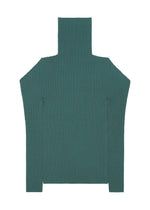 The FLAT RIB KNIT 1 by 132 5. ISSEY MIYAKE is a teal, long-sleeve sweater with a high turtleneck, seamless rib knit fabric, and a straight silhouette, shown laid flat on a white background.
