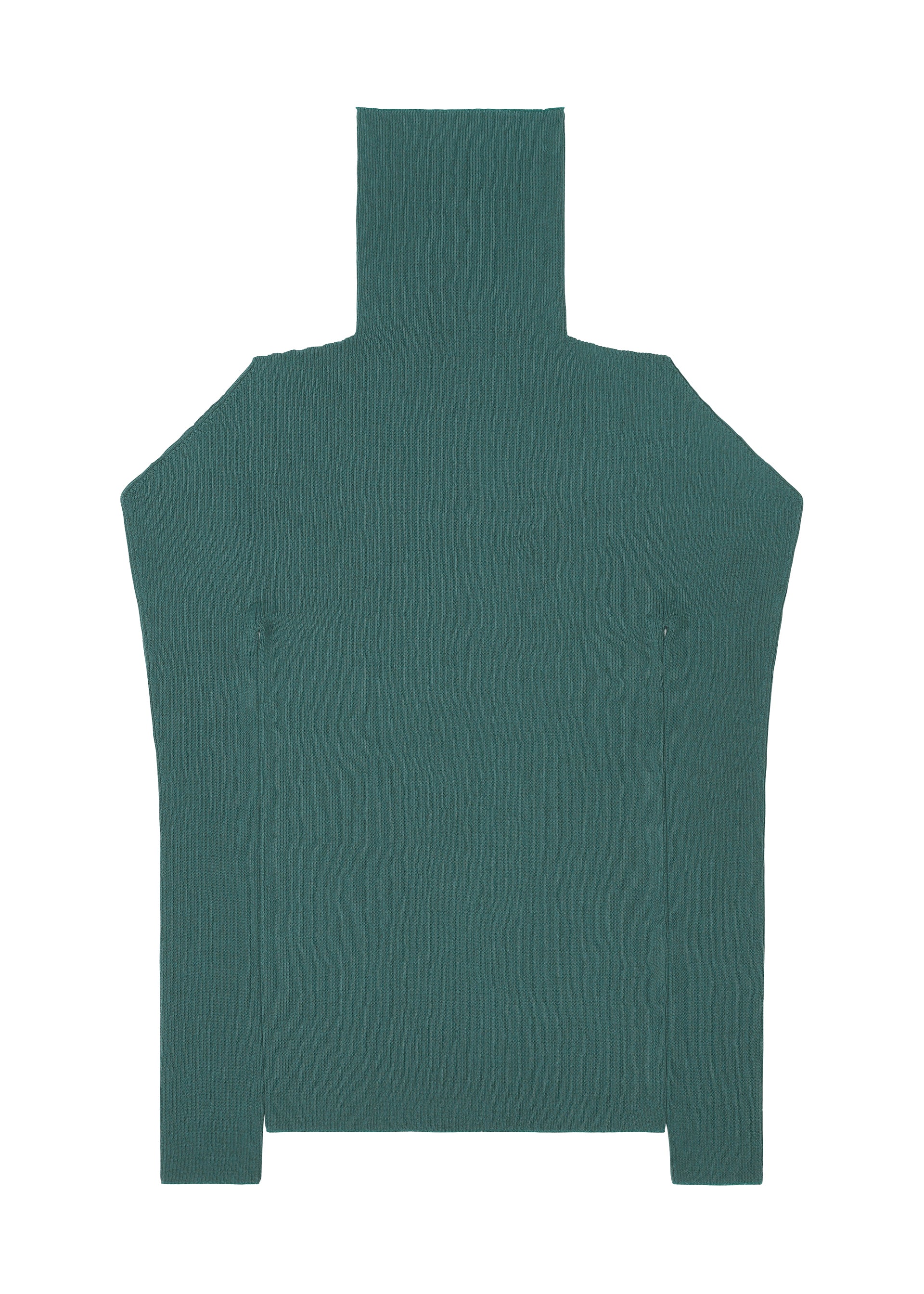 Zoomed view The FLAT RIB KNIT 1 by 132 5. ISSEY MIYAKE is a teal, long-sleeve sweater with a high turtleneck, seamless rib knit fabric, and a straight silhouette, shown laid flat on a white background.