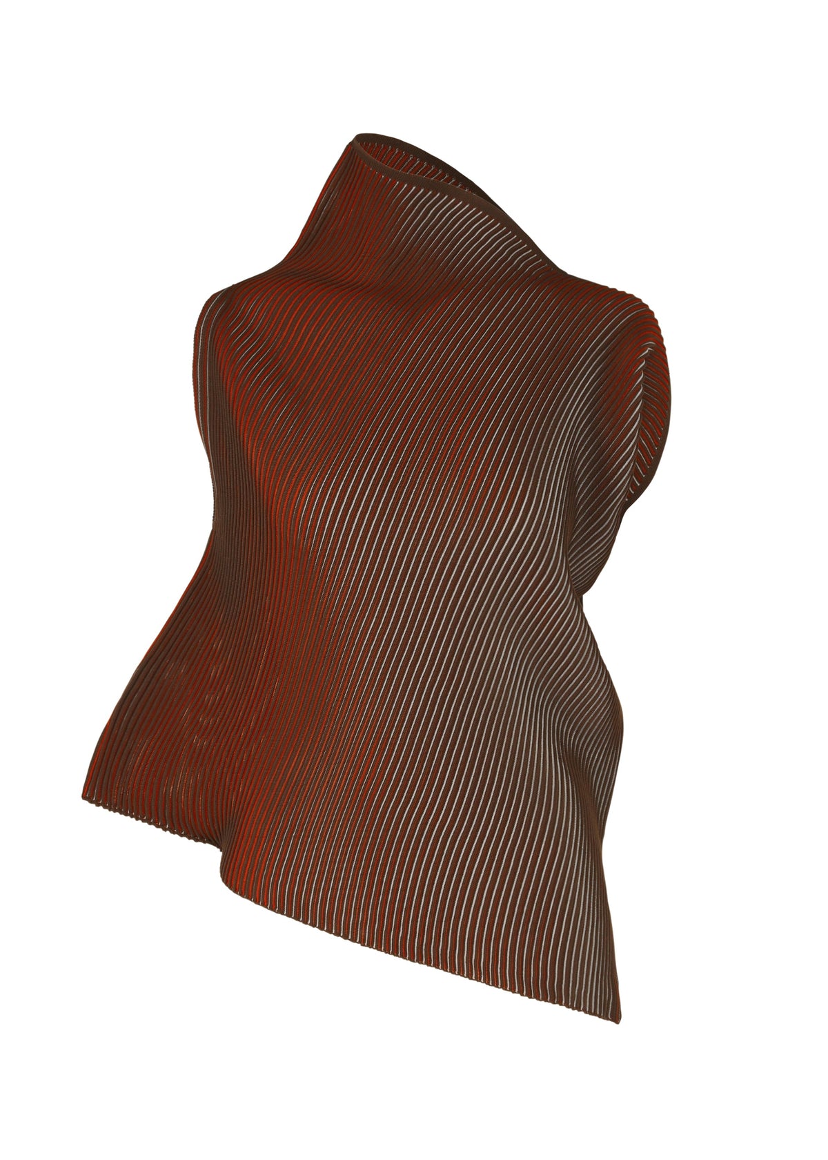 The FACET KNIT by 132 5. ISSEY MIYAKE is a sculptural, asymmetrical vest with a high collar and flowing diagonal ridges in brown and beige, showcasing unique knitting against a plain white background. view 2 of 11