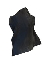 The FACET KNIT by 132 5. ISSEY MIYAKE is a black, sculptural piece with thin white stripes and an asymmetric, flowing form inspired by the FACET series, featuring a unique knitting structure that enhances its modern textile art look.