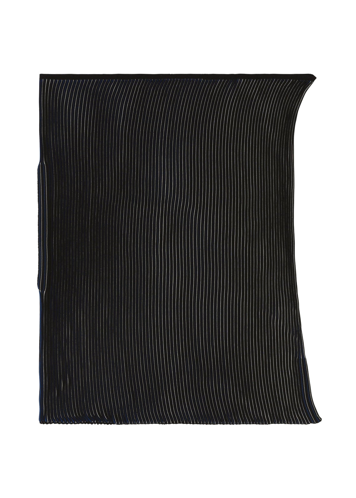 The FACET KNIT by 132 5. ISSEY MIYAKE is a black rectangular sheet with a unique knit structure, thin vertical white lines evenly spaced, and a slightly curved upper right corner, shown against a white background. view 5 of 11