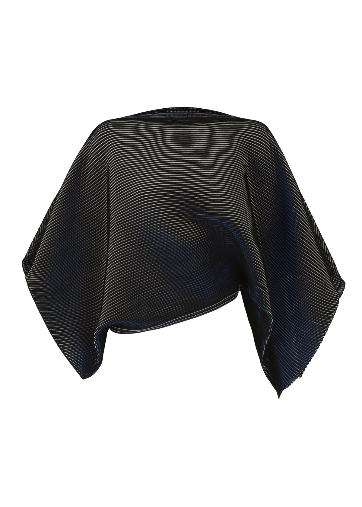 A black FACET KNIT shawl by 132 5. ISSEY MIYAKE, with fine diagonal stripes and unique knitting, drapes in soft folds over an invisible form against a plain white background. view 1 of 10