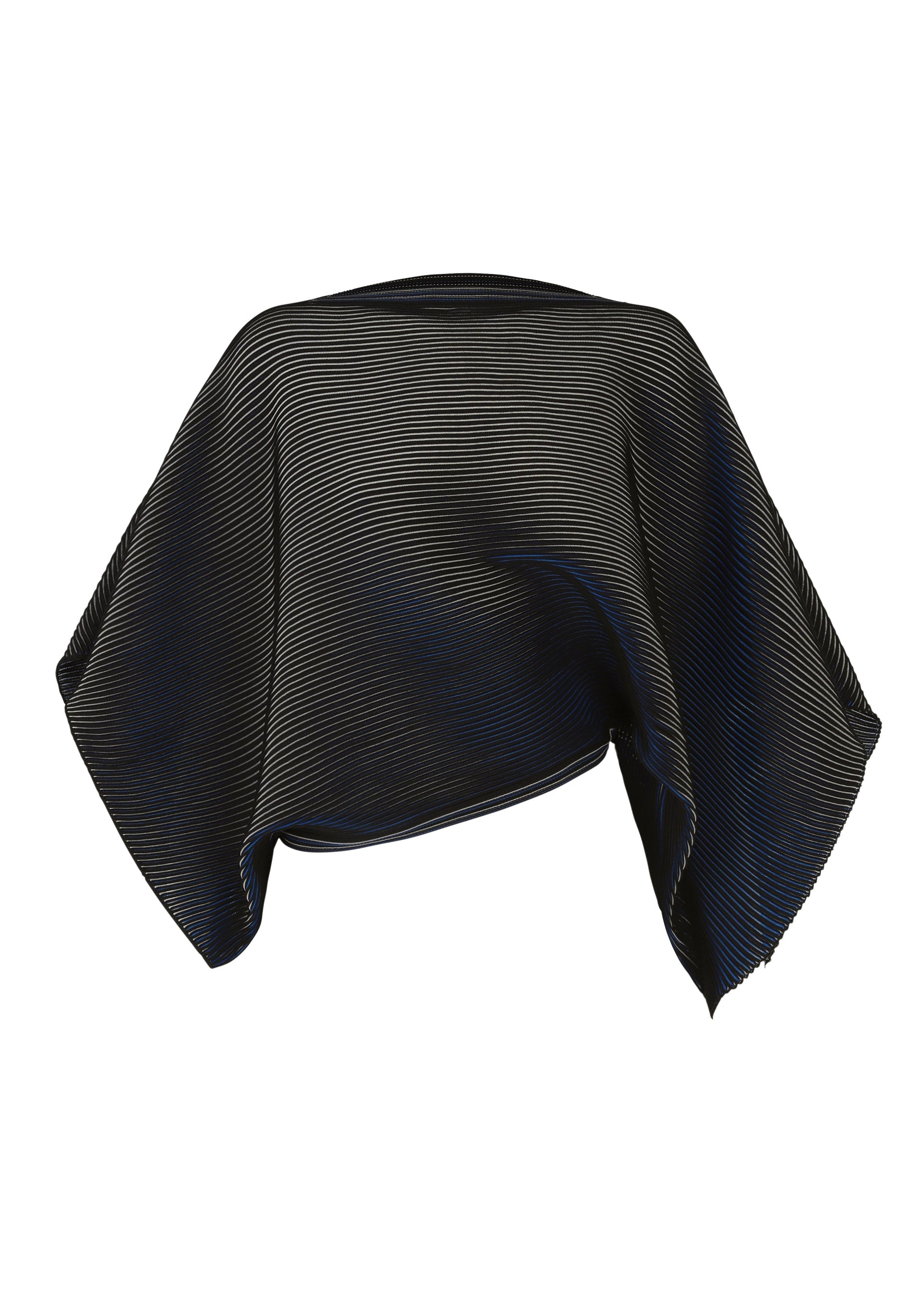 Zoomed view A black FACET KNIT shawl by 132 5. ISSEY MIYAKE, with fine diagonal stripes and unique knitting, drapes in soft folds over an invisible form against a plain white background. - BLACK （no.15）