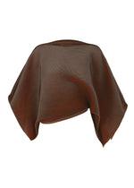 FACET KNIT by 132 5. ISSEY MIYAKE, a brown, striped, pleated fabric, is draped and suspended to create smooth waves that showcase its unique pattern depth against a white background. - BROWN （no.44）