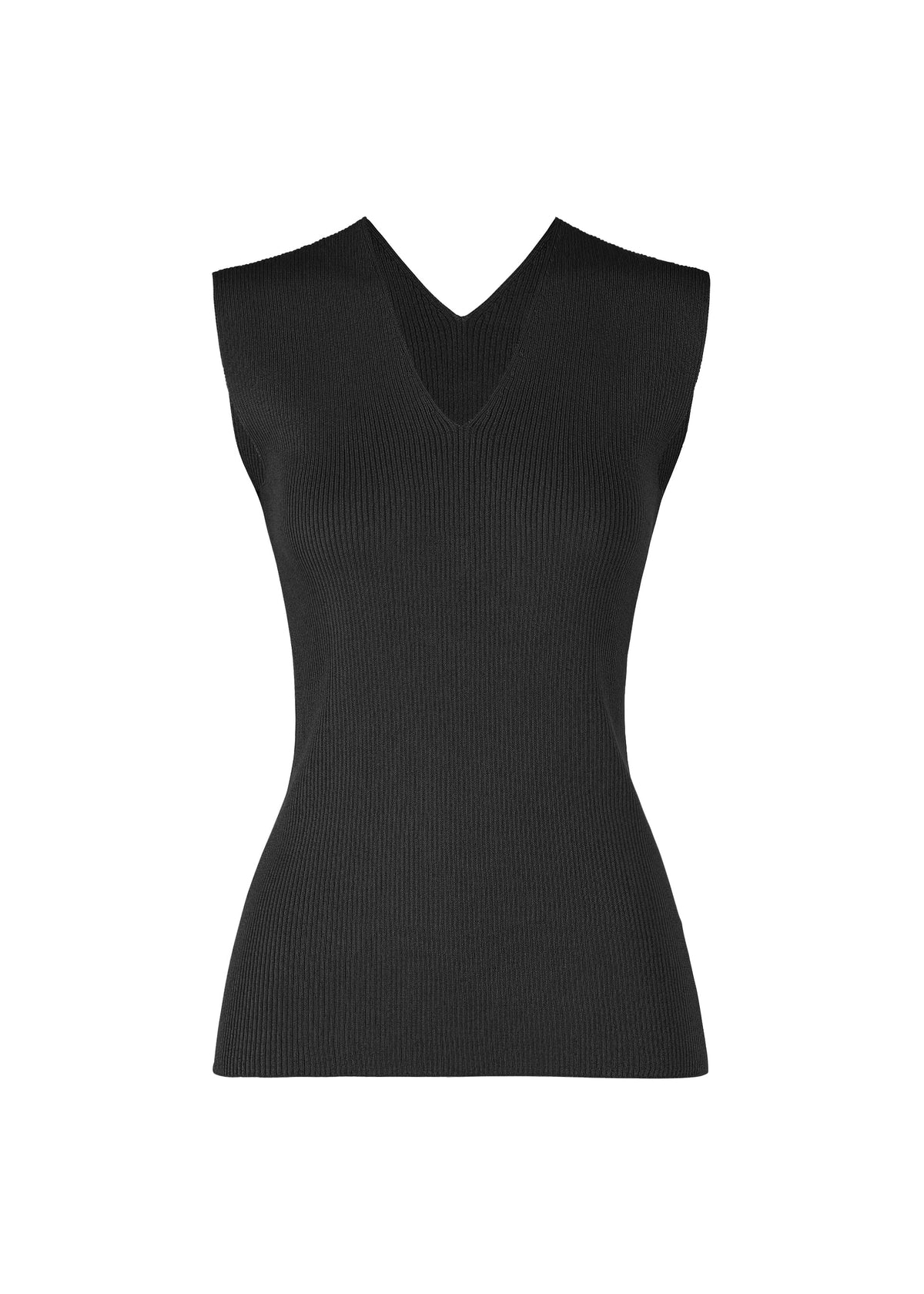 FLAT RIB KNIT 2 by 132 5. ISSEY MIYAKE: a seamless, sleeveless black rib knit top with a V-neckline, fitted silhouette, shown on a white background. view 1 of 9