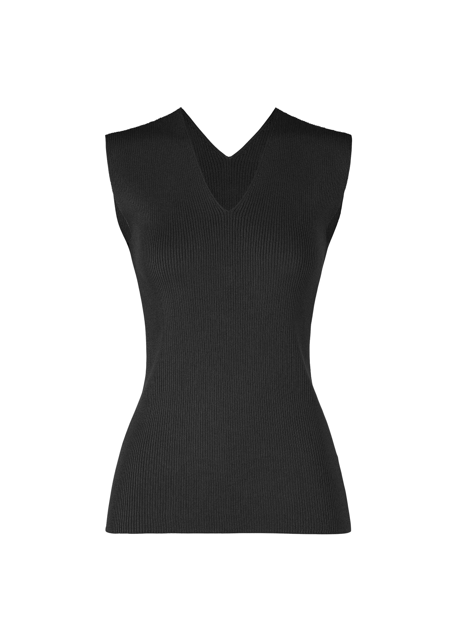 Zoomed view FLAT RIB KNIT 2 by 132 5. ISSEY MIYAKE: a seamless, sleeveless black rib knit top with a V-neckline, fitted silhouette, shown on a white background. - BLACK （no.15）