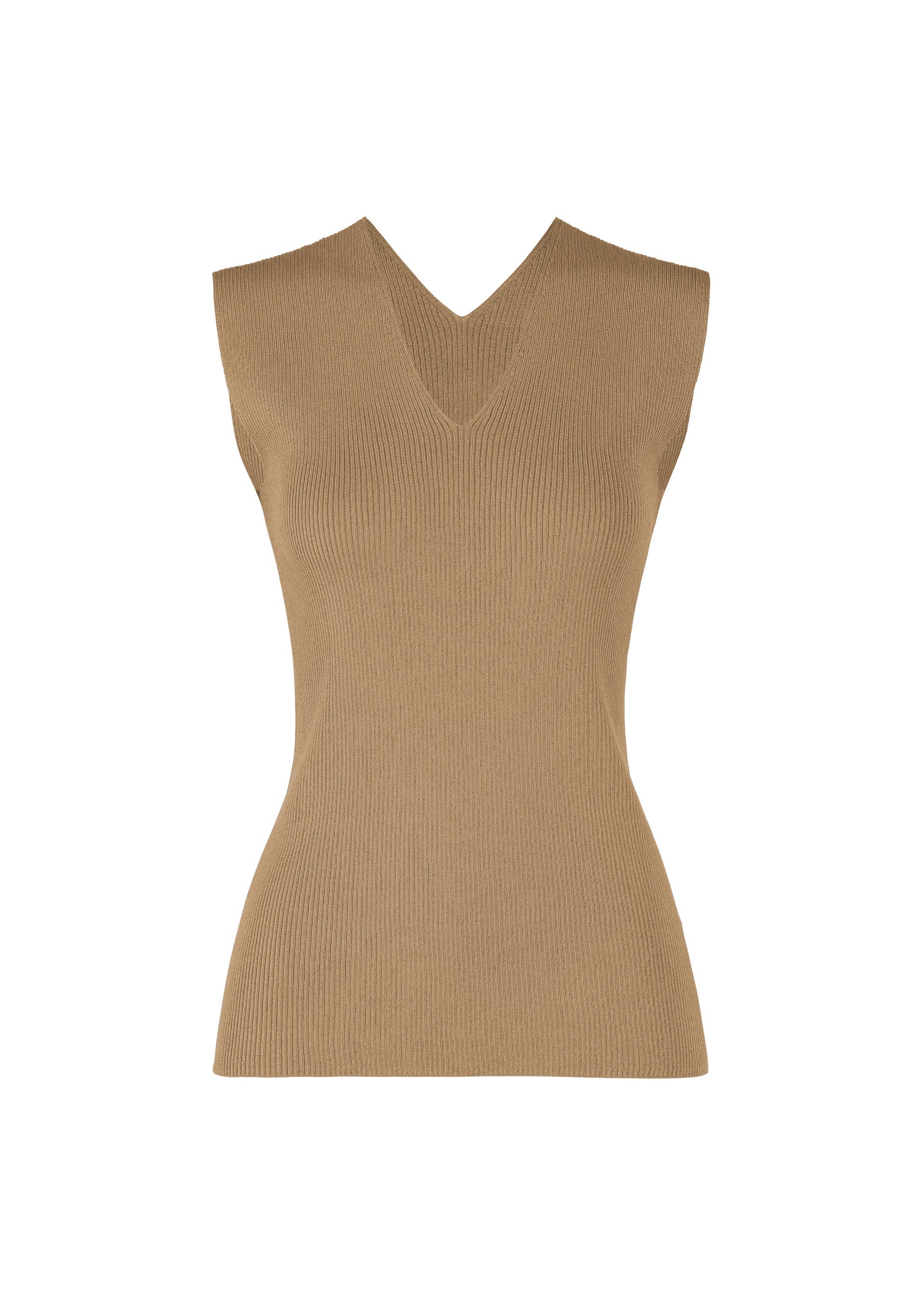 Zoomed view The FLAT RIB KNIT 2 by 132 5. ISSEY MIYAKE is a sleeveless, fitted seamless tan rib knit top with a V-neckline, shown against a plain white background. - OAT （no.42）