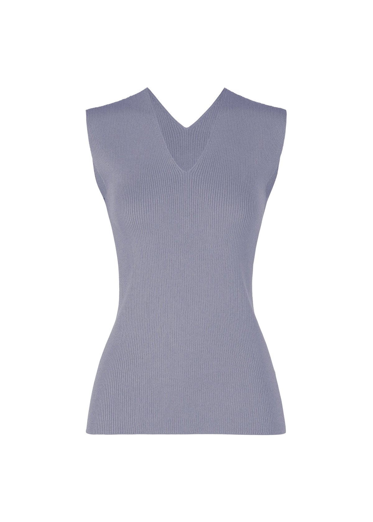 The FLAT RIB KNIT 2 by 132 5. ISSEY MIYAKE is a sleeveless, fitted light purple top with a V-neckline, crafted from seamless rib knit for comfort and shown on a plain white background. view 3 of 9