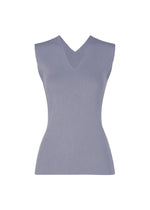 The FLAT RIB KNIT 2 by 132 5. ISSEY MIYAKE is a sleeveless, fitted light purple top with a V-neckline, crafted from seamless rib knit for comfort and shown on a plain white background. - BLUE （no.72）