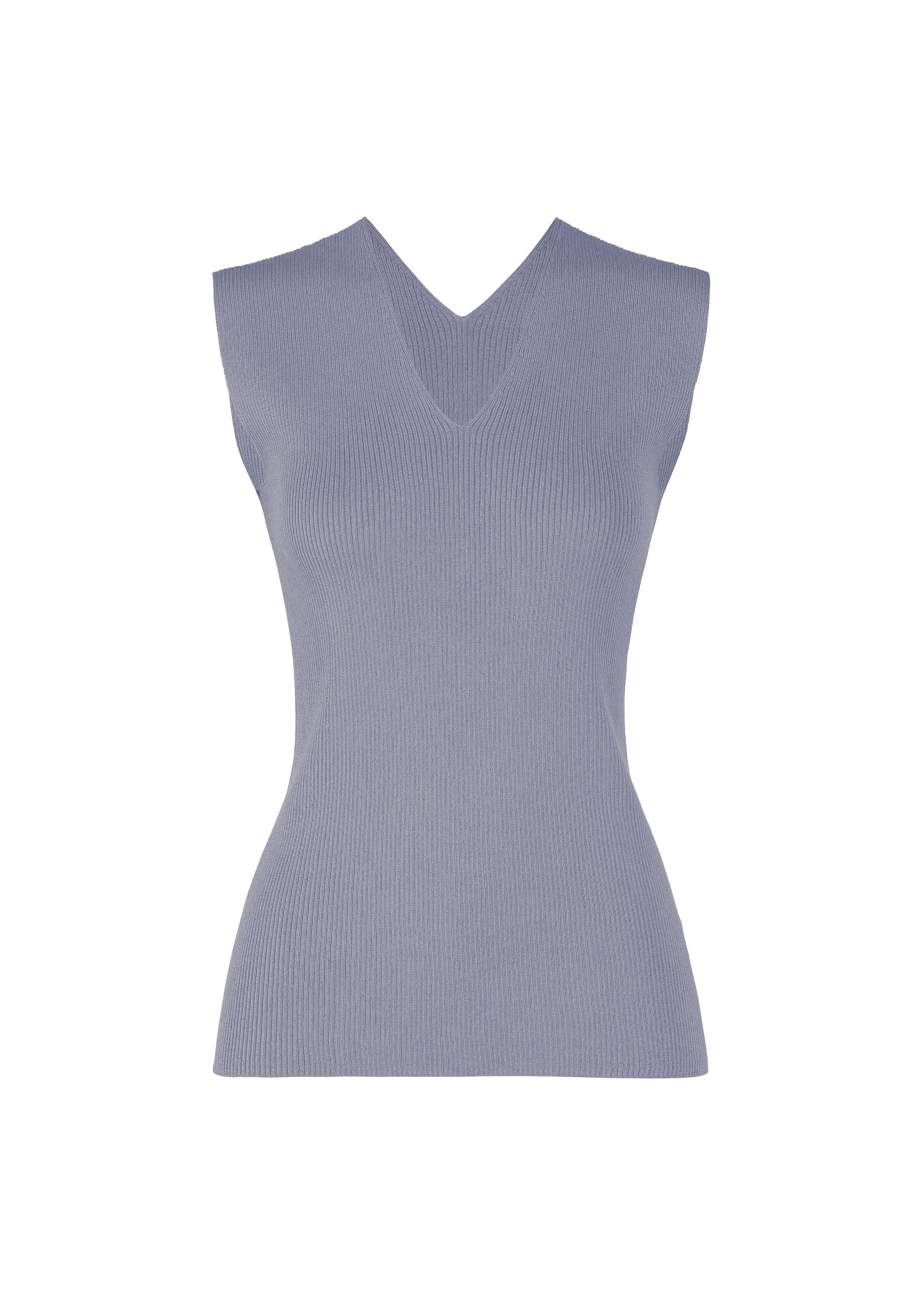 Zoomed view The FLAT RIB KNIT 2 by 132 5. ISSEY MIYAKE is a sleeveless, fitted light purple top with a V-neckline, crafted from seamless rib knit for comfort and shown on a plain white background. - BLUE （no.72）