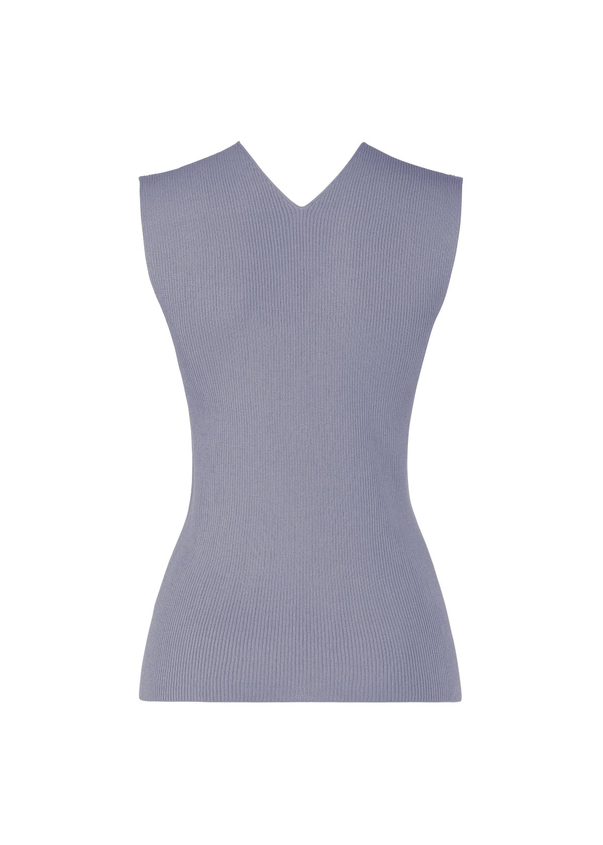The FLAT RIB KNIT 2 by 132 5. ISSEY MIYAKE is a sleeveless, seamless light purple rib knit top with a fitted silhouette and V-neckline, shown against a plain white background. view 4 of 9