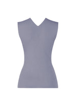 The FLAT RIB KNIT 2 by 132 5. ISSEY MIYAKE is a sleeveless, seamless light purple rib knit top with a fitted silhouette and V-neckline, shown against a plain white background.