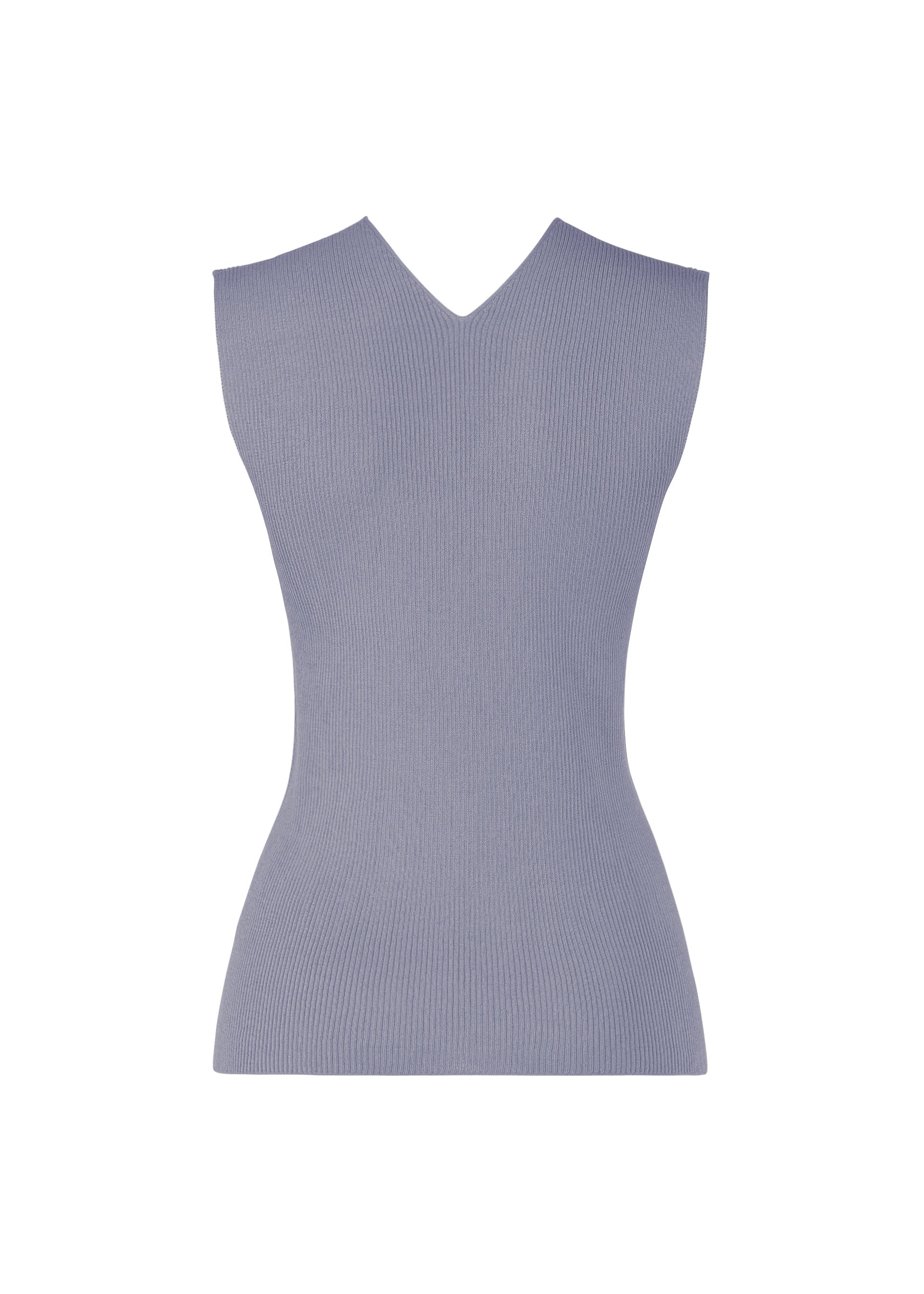 Zoomed view The FLAT RIB KNIT 2 by 132 5. ISSEY MIYAKE is a sleeveless, seamless light purple rib knit top with a fitted silhouette and V-neckline, shown against a plain white background.