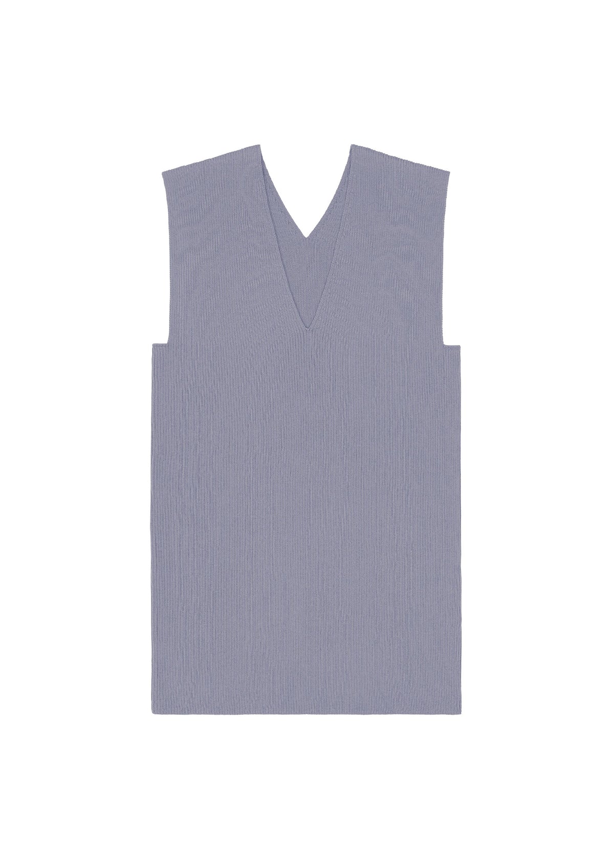 The FLAT RIB KNIT 2 by 132 5. ISSEY MIYAKE is a sleeveless light gray V-neck sweater vest with a seamless rib knit texture, shown laid flat on a white background. view 5 of 9