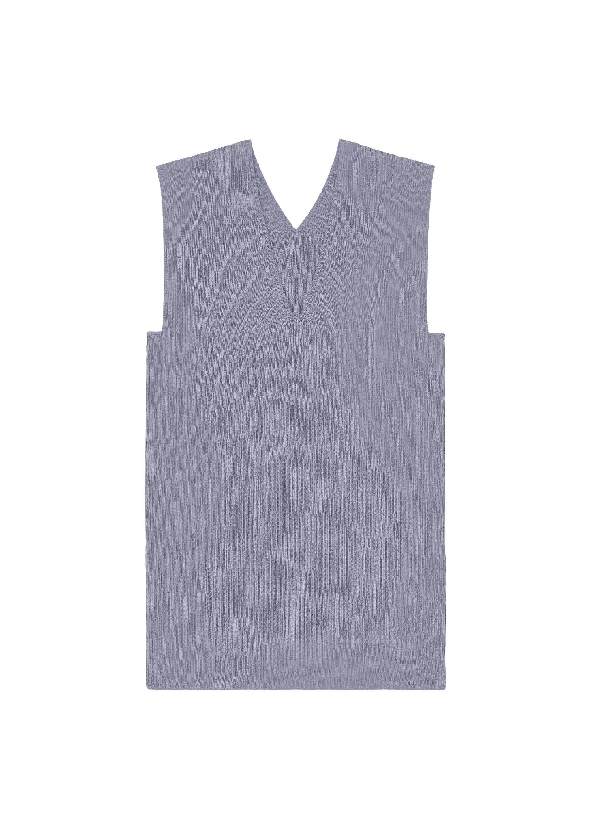 Zoomed view The FLAT RIB KNIT 2 by 132 5. ISSEY MIYAKE is a sleeveless light gray V-neck sweater vest with a seamless rib knit texture, shown laid flat on a white background.