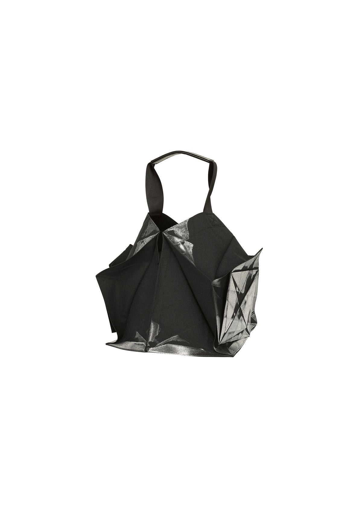 The No.1-BG by 132 5. ISSEY MIYAKE is a black geometric folding bag with angular folds, sculptural design, dual handles, and glossy foil detailing on select surfaces for a modern, artistic look. view 2 of 7