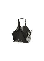 The No.1-BG by 132 5. ISSEY MIYAKE is a black geometric folding bag with angular folds, sculptural design, dual handles, and glossy foil detailing on select surfaces for a modern, artistic look. - BLACK×SILVER （no.91）