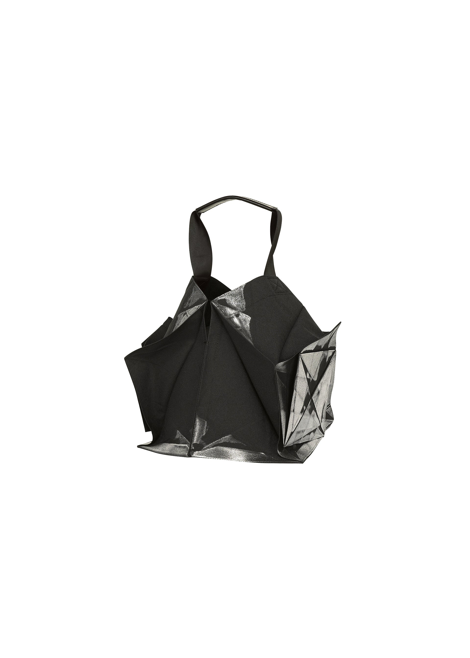 Zoomed view The No.1-BG by 132 5. ISSEY MIYAKE is a black geometric folding bag with angular folds, sculptural design, dual handles, and glossy foil detailing on select surfaces for a modern, artistic look. - BLACK×SILVER （no.91）