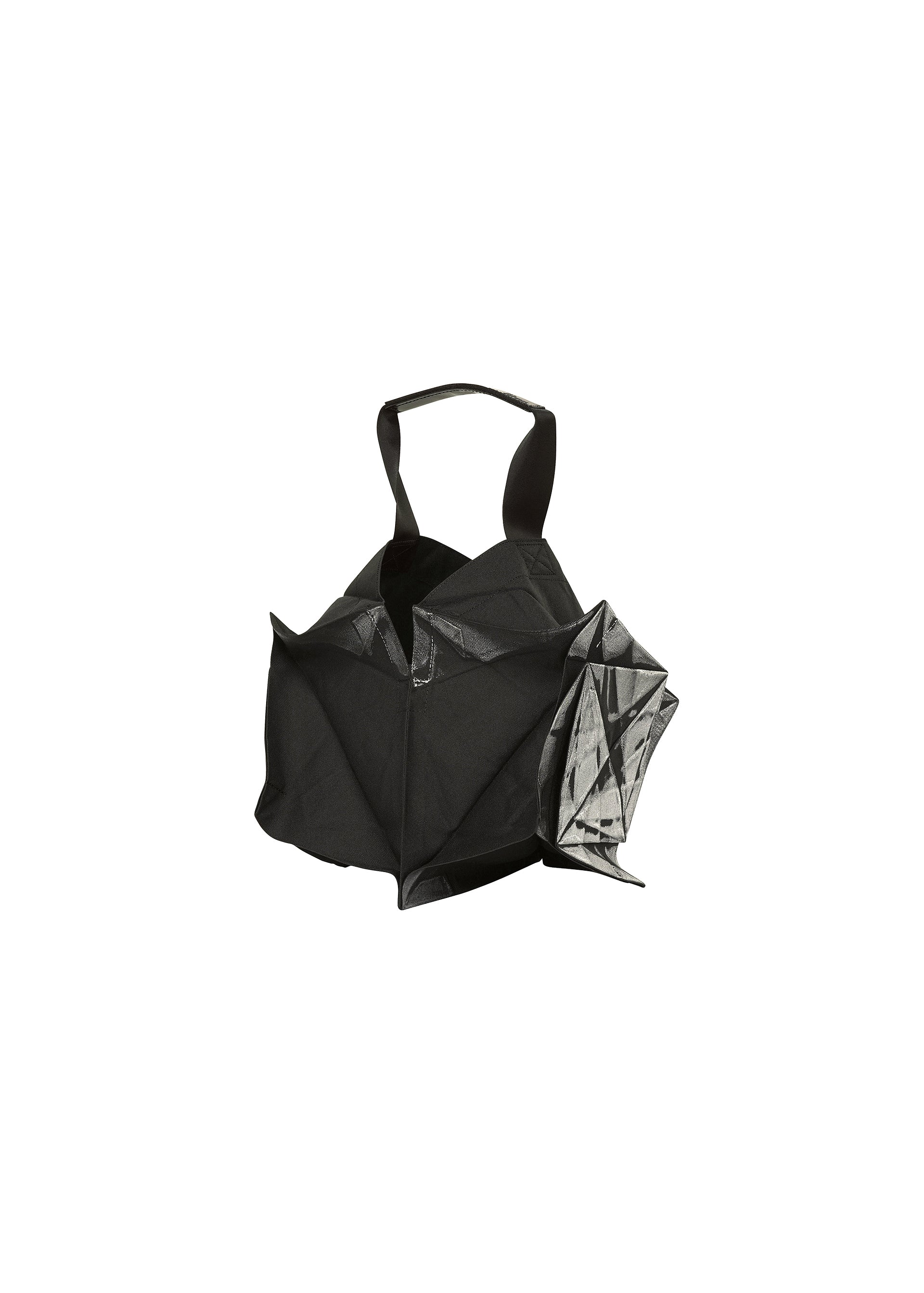 Zoomed view The 132 5. ISSEY MIYAKE No.1-BG is a black folding bag with geometric folds, an angular origami-inspired design, two handles, and a shiny foil accent on one side.