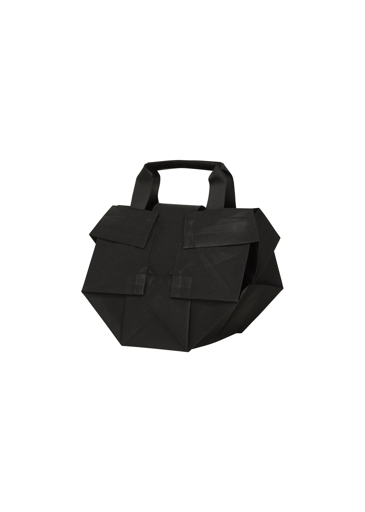 Zoomed view The 132 5. STANDARD BAG by 132 5. ISSEY MIYAKE is a black geometric handbag featuring two large front pockets and a short handle, crafted from recycled polyester, shown against a white background. - BLACK×LUSTER (no.18)