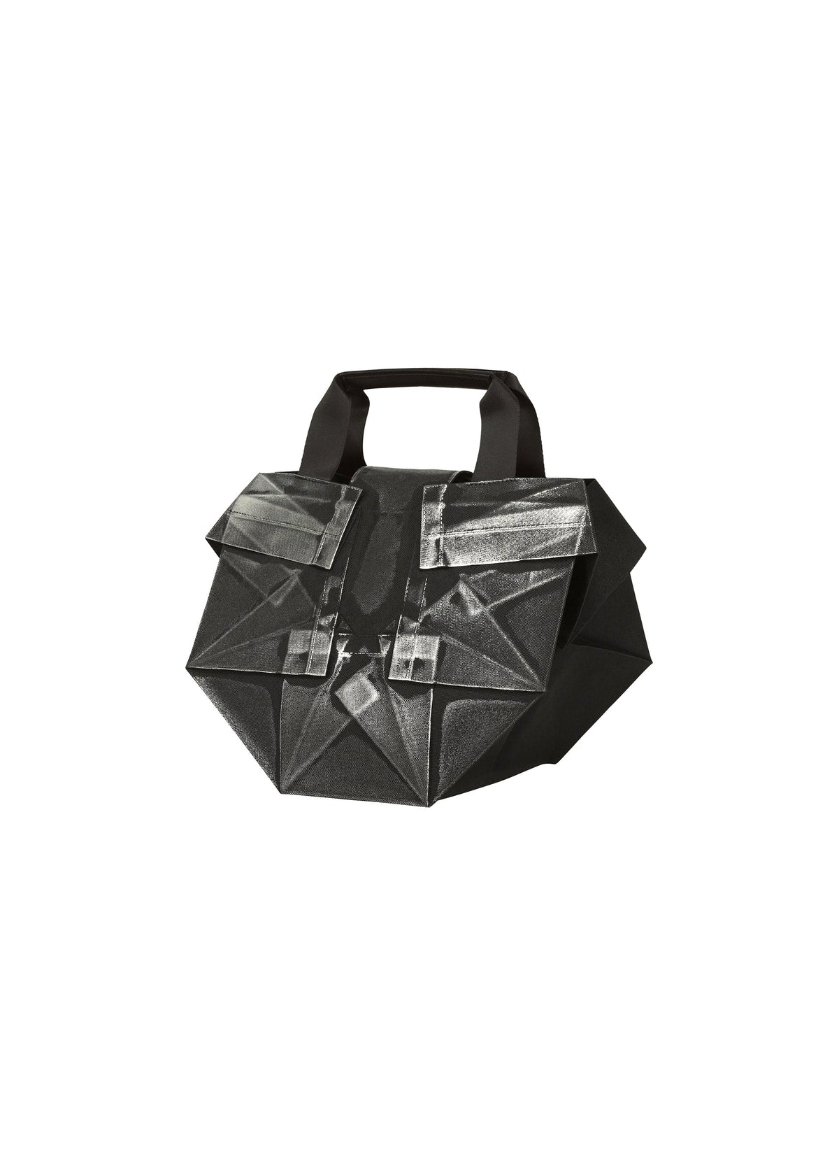 The No.6-BG by 132 5. ISSEY MIYAKE is a black geometric folding bag featuring angular origami-inspired folds, two wide handles, bold white brushstroke patterns, and subtle crimped foil details on the front. view 2 of 6