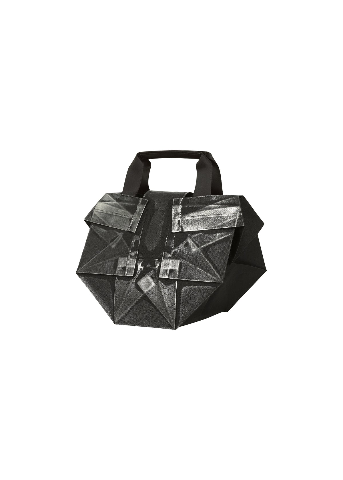 The 132 5. STANDARD BAG by 132 5. ISSEY MIYAKE is a geometric black handbag with angular handles, featuring silver and gray abstract patterns on the front; crafted from recycled polyester, it blends modern style with sustainable design. view 1 of 6