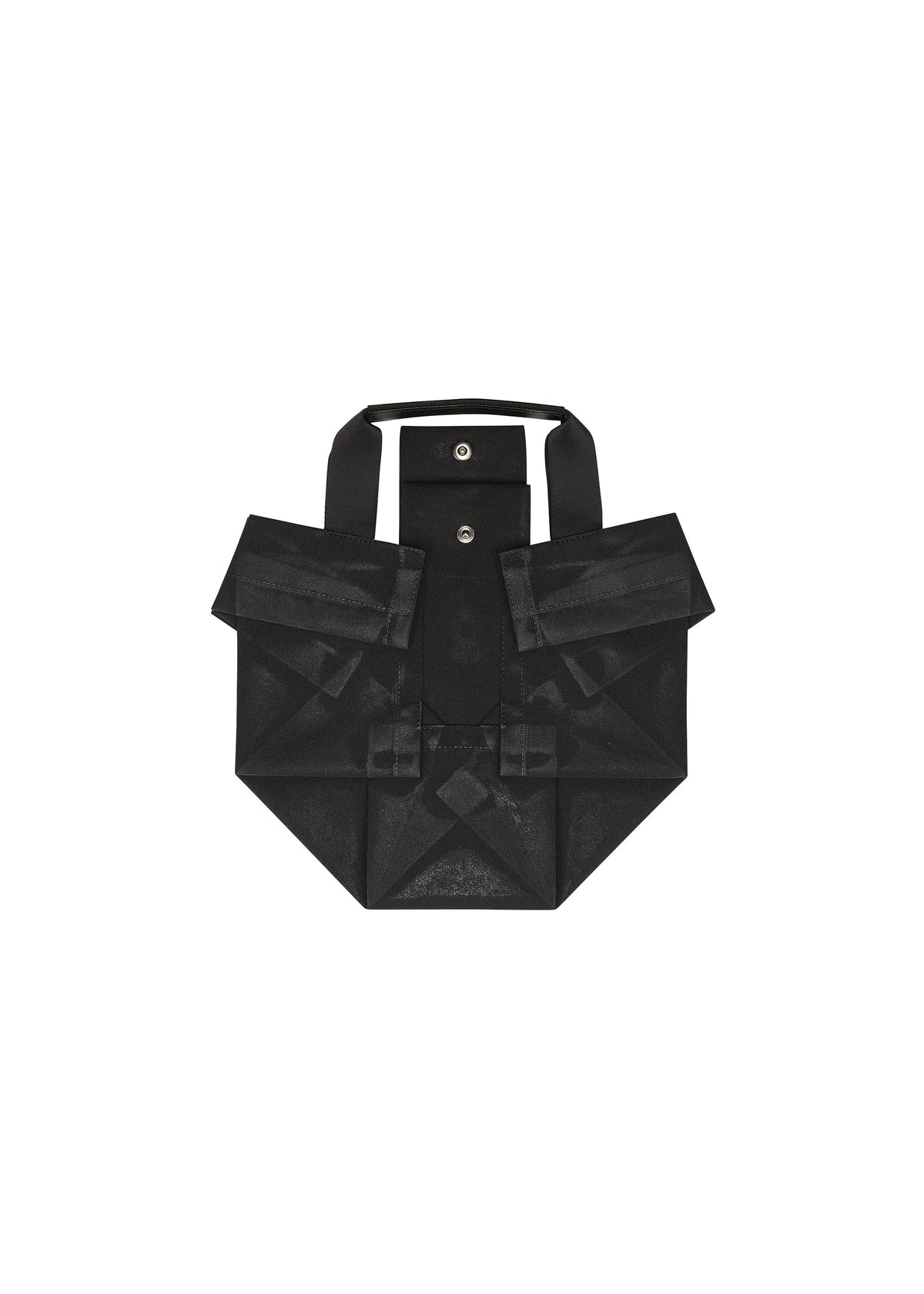 The No.6-BG by 132 5. ISSEY MIYAKE is a black folding bag with a geometric, origami-inspired design, crimped foil-like folds, two short handles, and flap closure with metal snap buttons. Shown against a plain white background. view 4 of 6