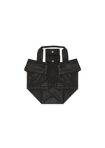 The No.6-BG by 132 5. ISSEY MIYAKE is a black folding bag with a geometric, origami-inspired design, crimped foil-like folds, two short handles, and flap closure with metal snap buttons. Shown against a plain white background.