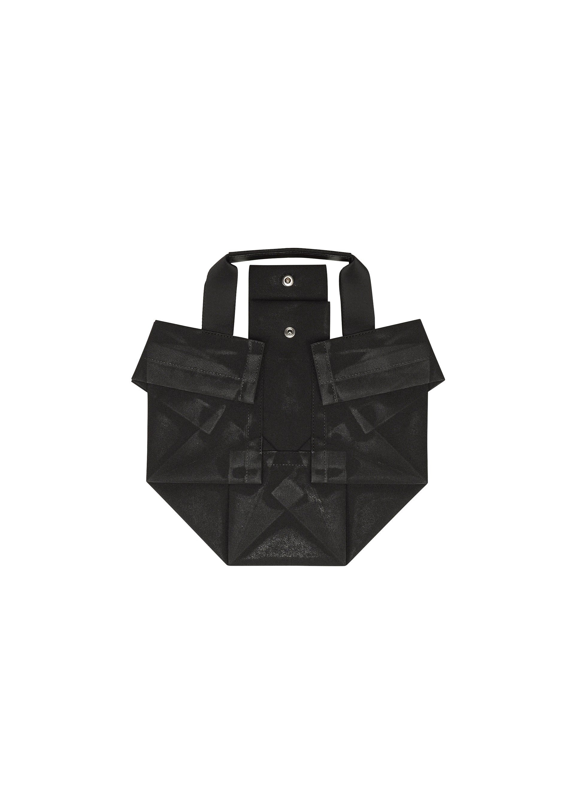 Zoomed view The No.6-BG by 132 5. ISSEY MIYAKE is a black folding bag with a geometric, origami-inspired design, crimped foil-like folds, two short handles, and flap closure with metal snap buttons. Shown against a plain white background.