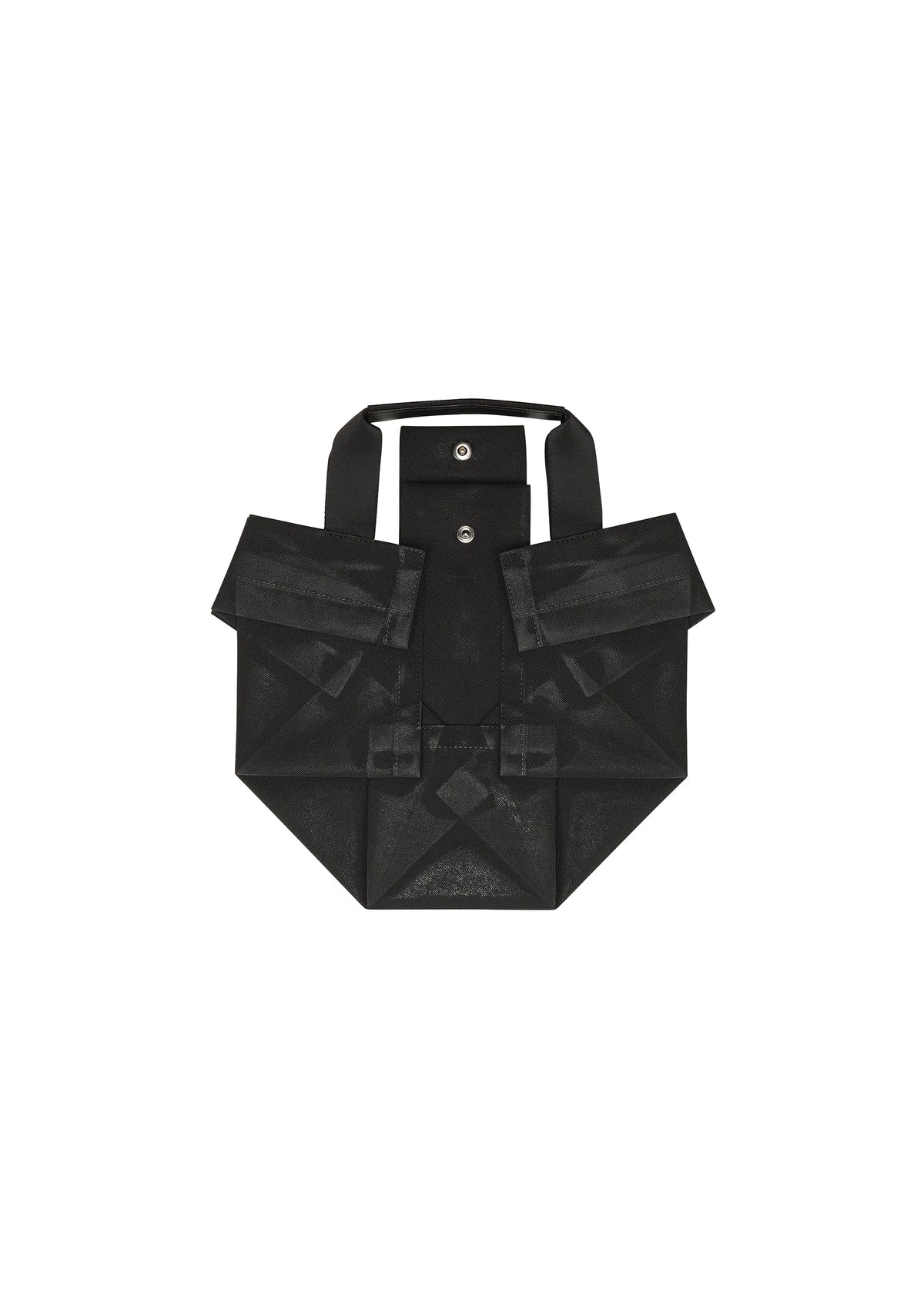 Zoomed view The 132 5. STANDARD BAG by 132 5. ISSEY MIYAKE, made from recycled polyester, showcases black geometric folds inspired by origami and foil designs. This foldable tote features two short handles and a button closure, elegantly presented against a white background.