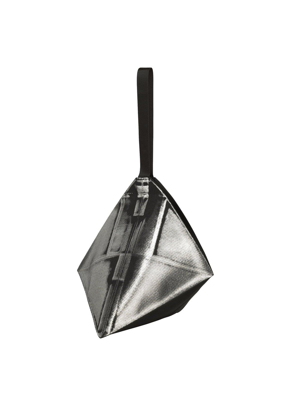 The F-BG clutch by 132 5. ISSEY MIYAKE is a metallic silver, pyramid-shaped bag crafted from recycled polyester, featuring a black zipper and black wrist strap, displayed against a plain white background. view 2 of 7