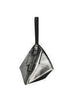 The F-BG clutch by 132 5. ISSEY MIYAKE is a metallic silver, pyramid-shaped bag crafted from recycled polyester, featuring a black zipper and black wrist strap, displayed against a plain white background. - BLACK×SILVER （no.91）