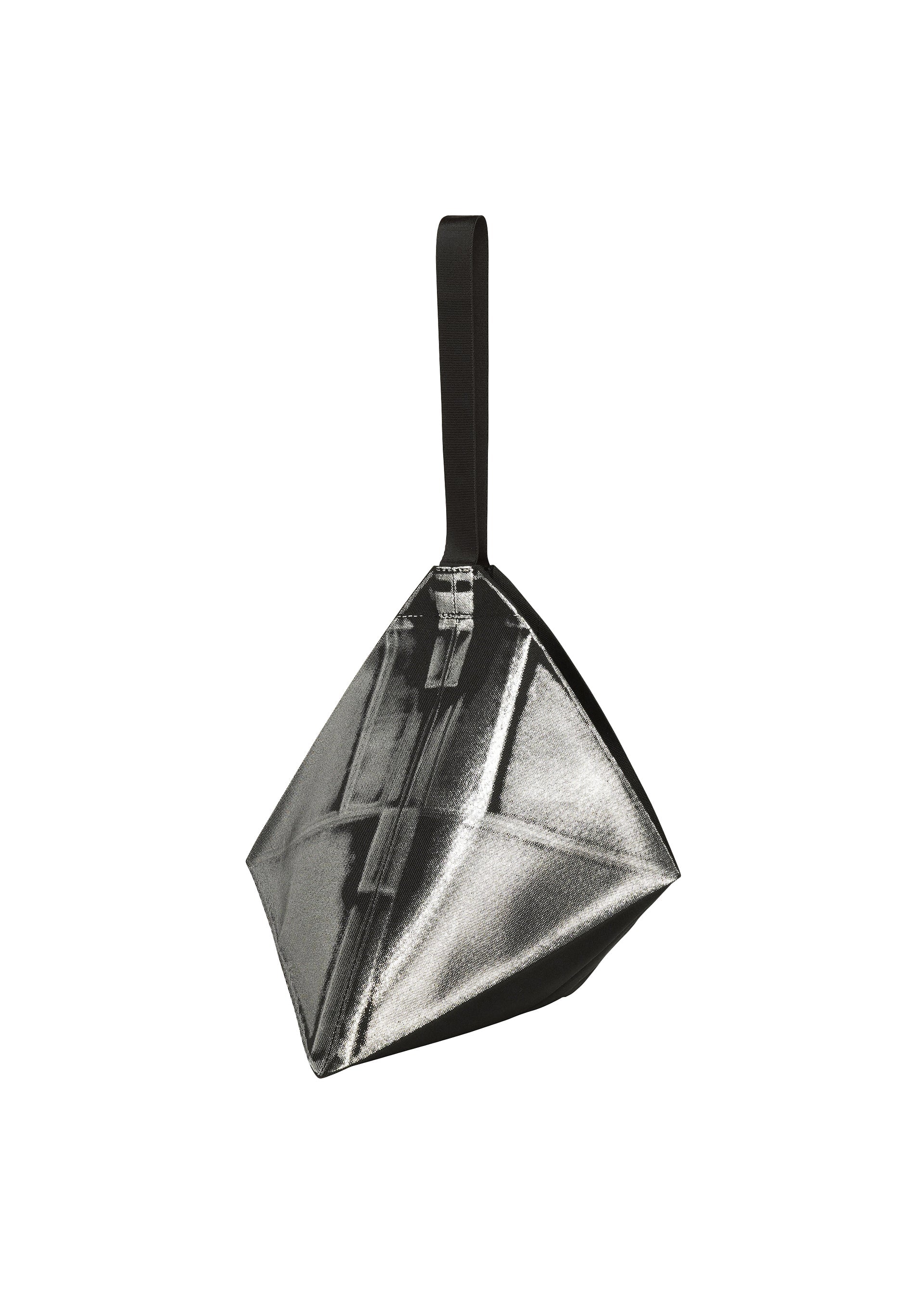 Zoomed view The F-BG clutch by 132 5. ISSEY MIYAKE is a metallic silver, pyramid-shaped bag crafted from recycled polyester, featuring a black zipper and black wrist strap, displayed against a plain white background. - BLACK×SILVER （no.91）
