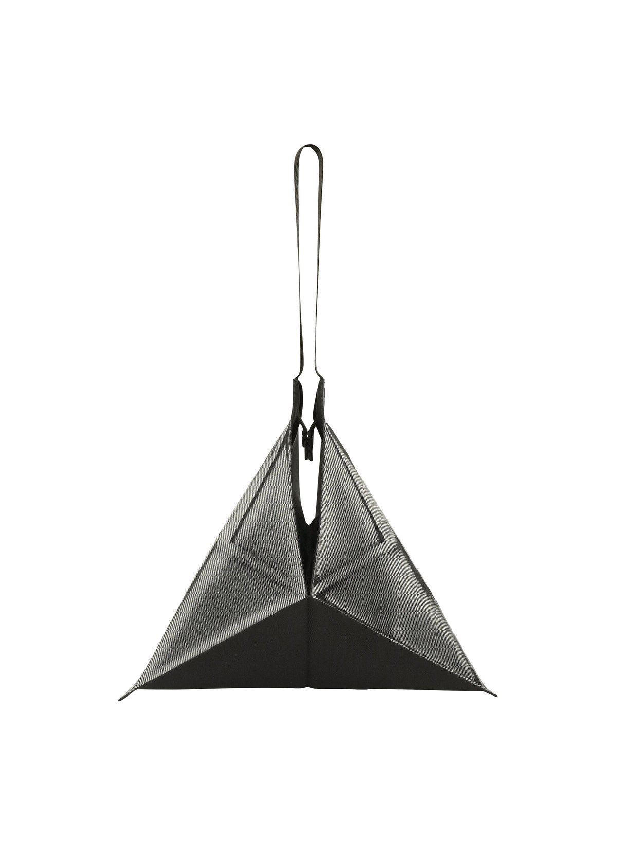 The F-BG by 132 5. ISSEY MIYAKE is a black, geometric, pyramid-shaped bag crafted from recycled polyester, featuring a single loop handle at the top and shown against a white background. view 3 of 7