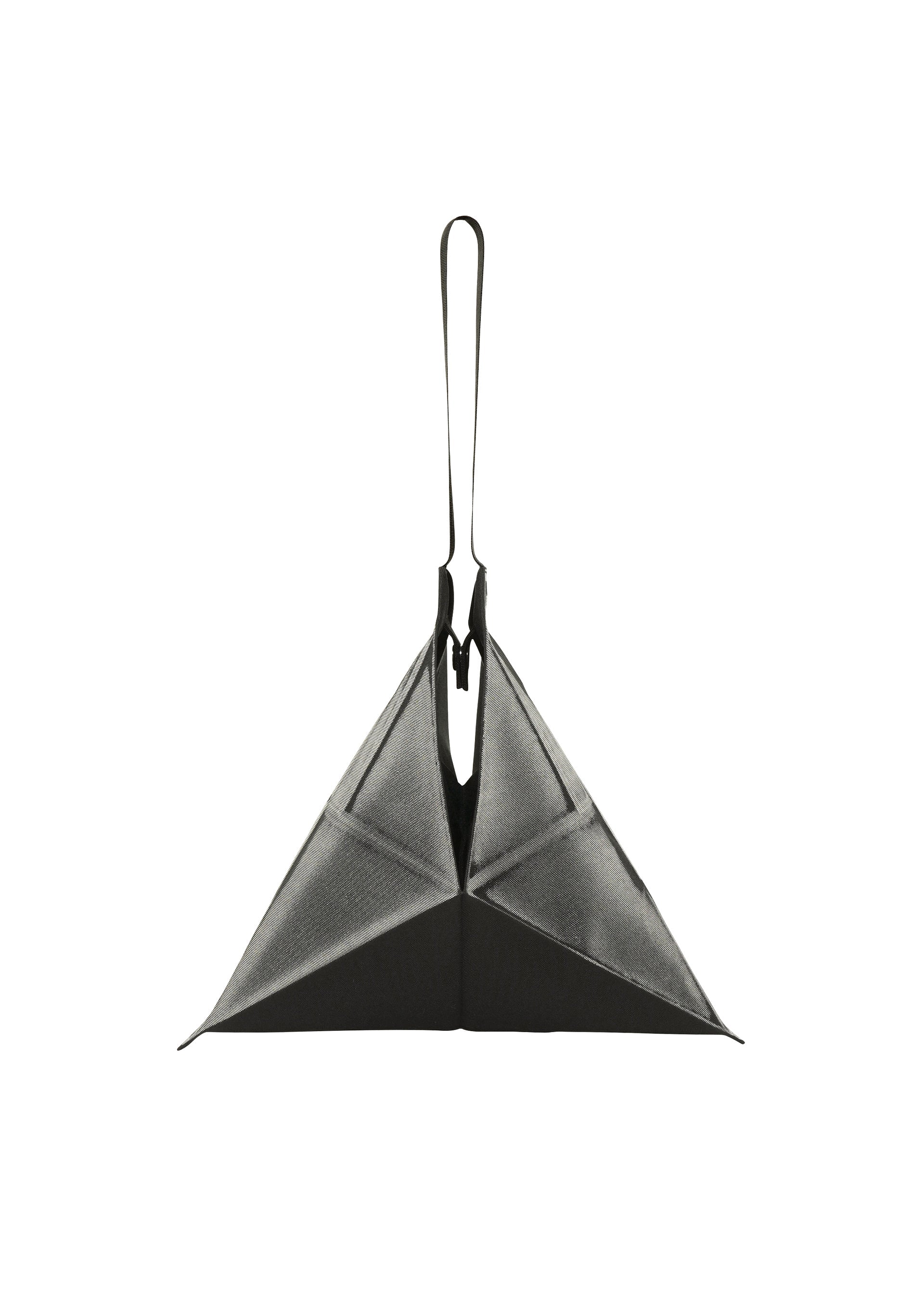 Zoomed view The F-BG by 132 5. ISSEY MIYAKE is a black, geometric, pyramid-shaped bag crafted from recycled polyester, featuring a single loop handle at the top and shown against a white background.