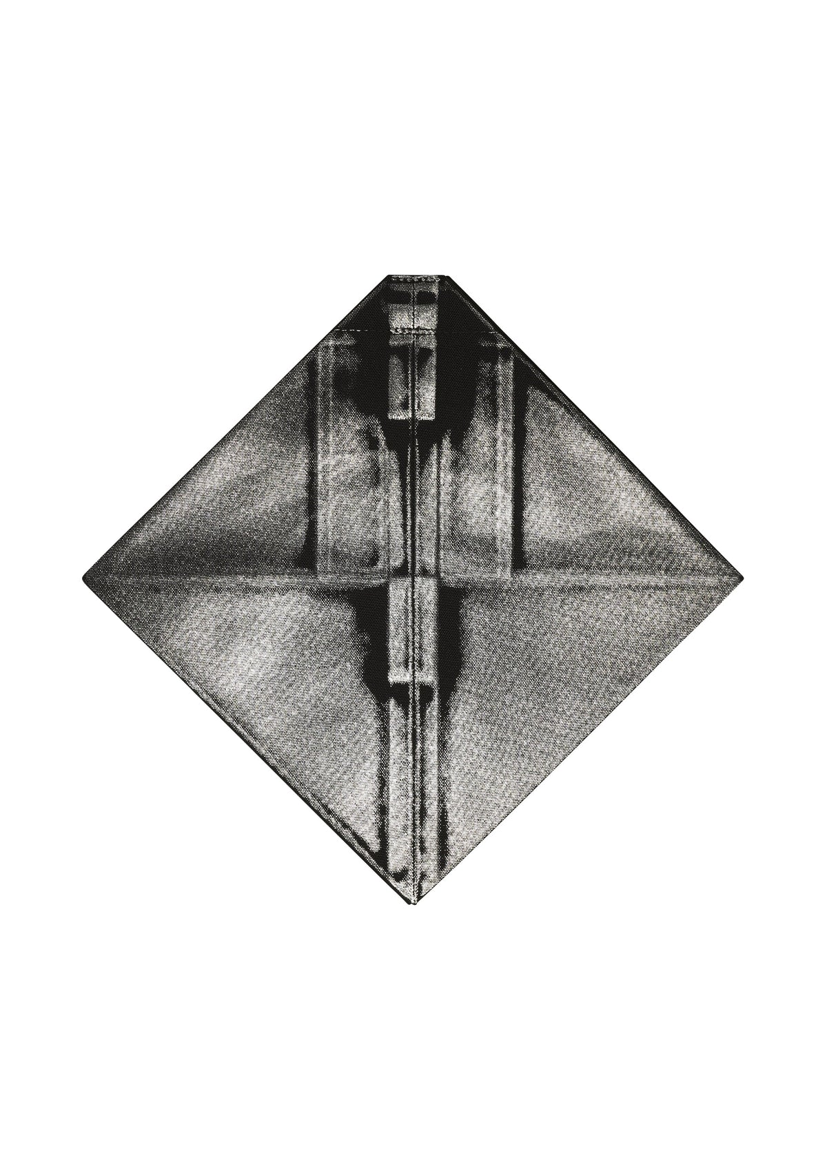 A grayscale, symmetrical origami paper fold shaped like a diamond, evocative of the F-BG recycled polyester bag by 132 5. ISSEY MIYAKE, displayed against a plain white background. view 4 of 7
