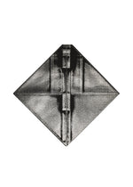 A grayscale, symmetrical origami paper fold shaped like a diamond, evocative of the F-BG recycled polyester bag by 132 5. ISSEY MIYAKE, displayed against a plain white background.