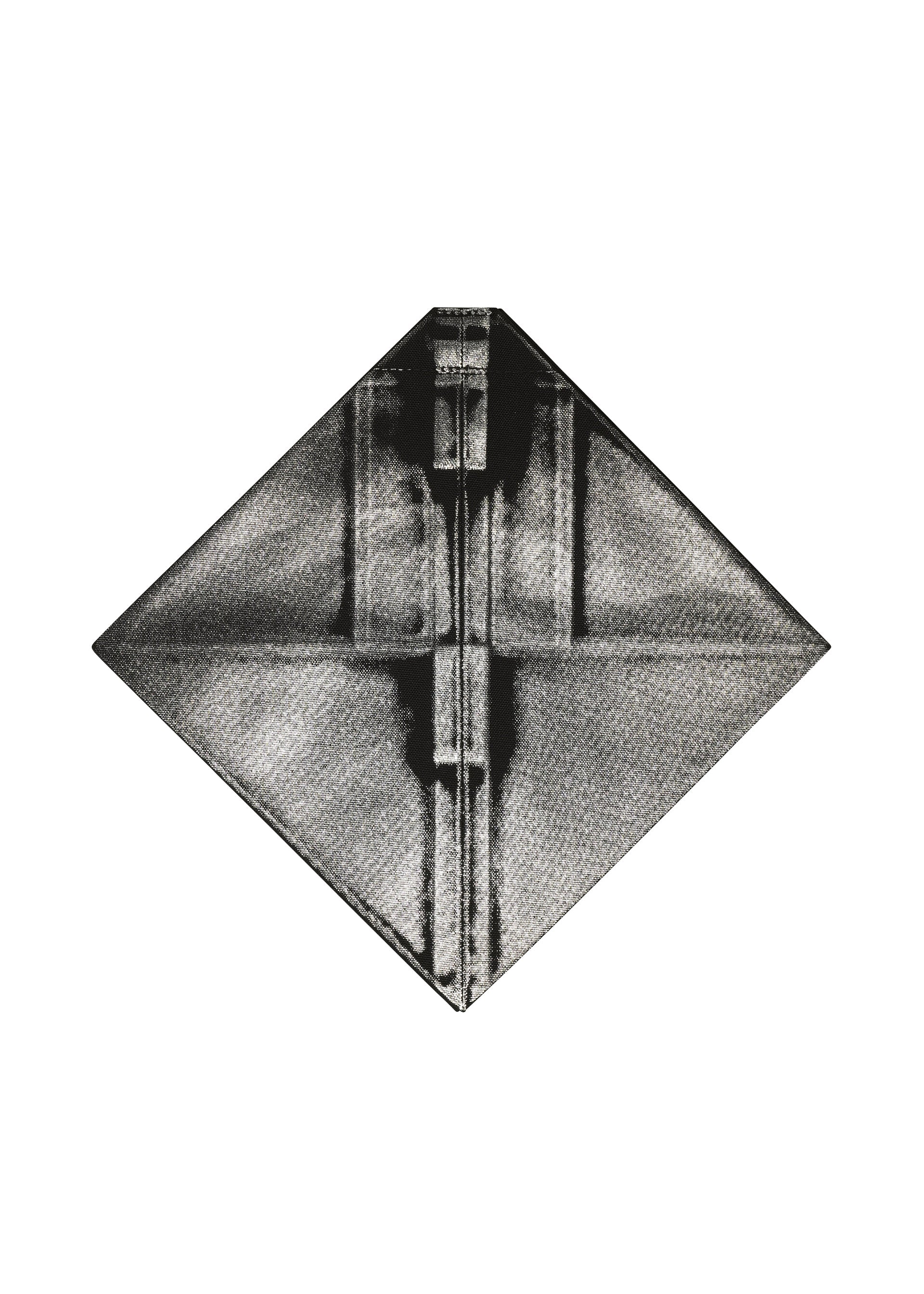 Zoomed view A grayscale, symmetrical origami paper fold shaped like a diamond, evocative of the F-BG recycled polyester bag by 132 5. ISSEY MIYAKE, displayed against a plain white background.